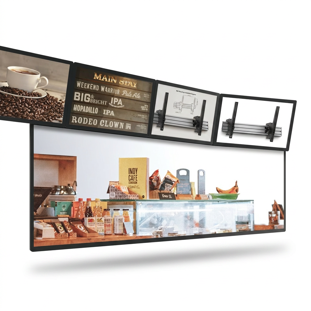 Support menuboard, intérieur, 3 écrans en ligne, inclinaison réglable