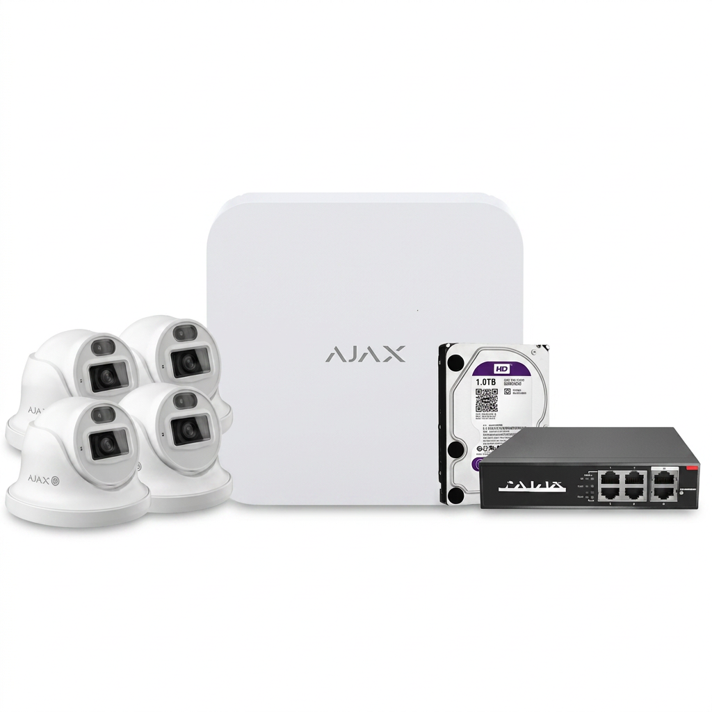 Kit vidéosurveillance NVR Ajax, 4 caméras dôme, 4MP, vision 20m, 1 To