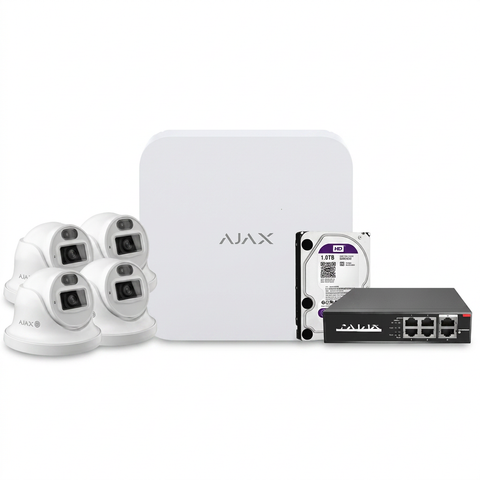 Kit vidéosurveillance NVR Ajax, 4 caméras dôme, 4MP, vision 20m, disque dur 1 To